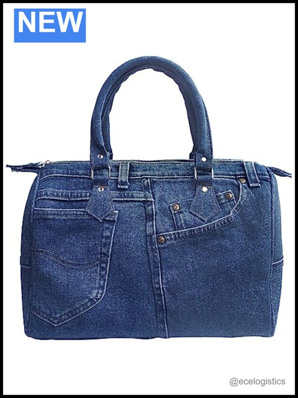 Upcycled Denim Bowler Handbag Large Top Handle Convertible Shoulder Purse